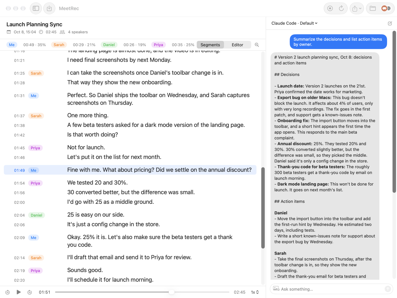 The AI side panel summarizing decisions and listing action items by owner