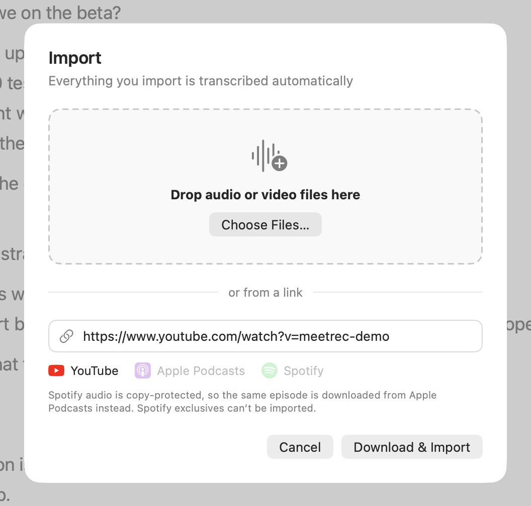 The Import sheet: a drop zone for audio or video files and a field to paste a link