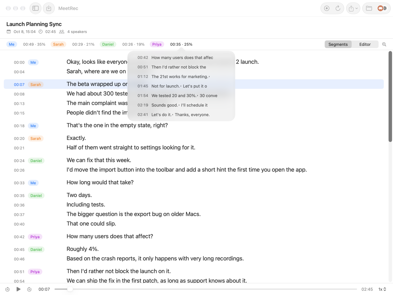 Priya's talk time opened into a list of every turn she spoke, with timestamps