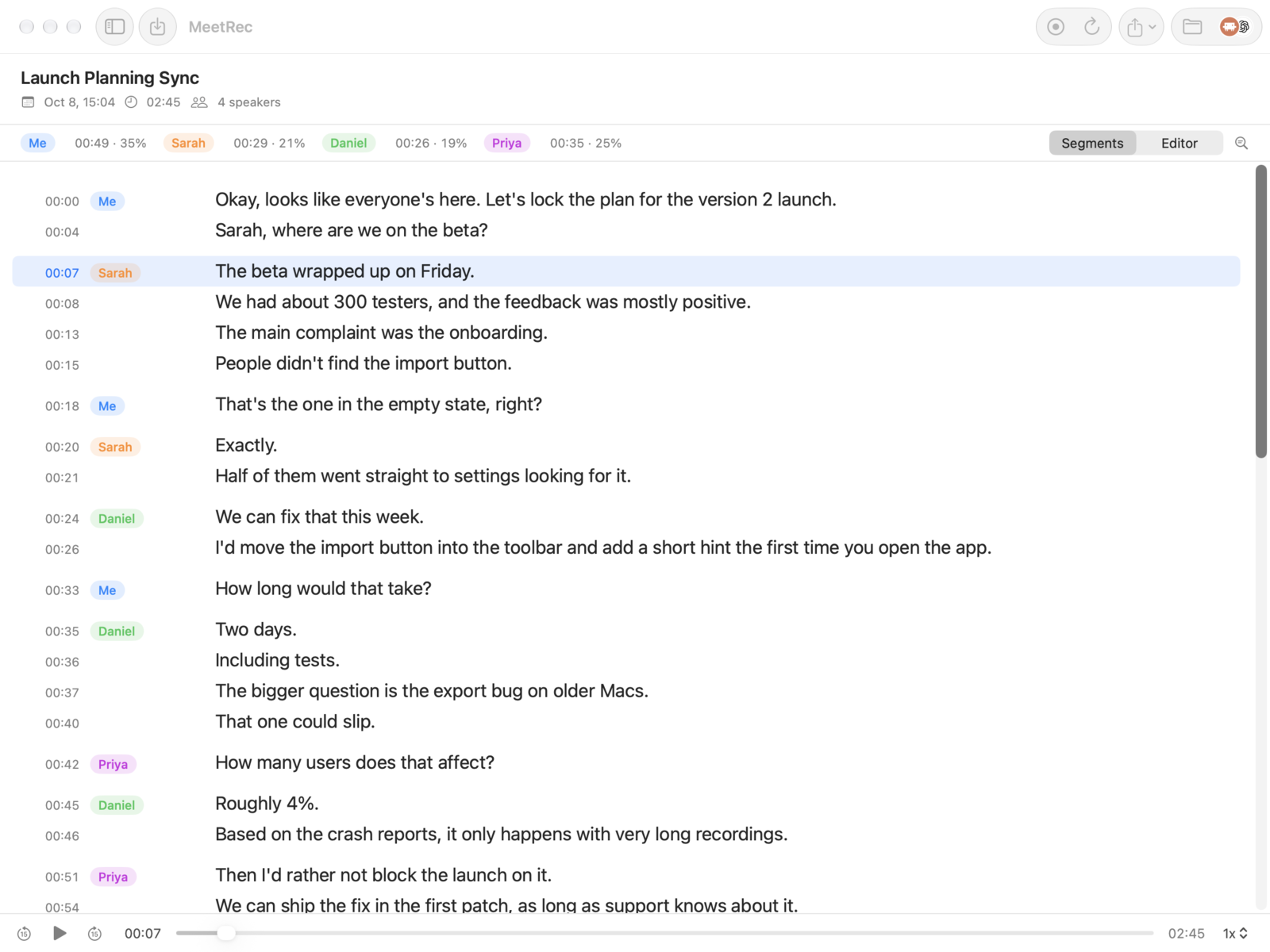 A MeetRec transcript with each line labeled Me, Sarah, Daniel or Priya